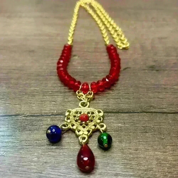 Long Gold Tone Chain Necklace with Red Beads and Pendant with Bead Accents - Picture 3 of 4
